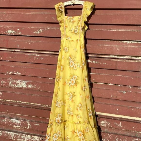 1960s Vintage Daisy Gown Dress Golden Yellow Floral Chiffon Dress Small Sz 4 - Picture 2 of 10